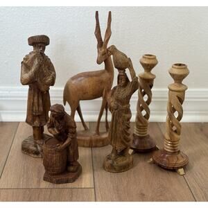 Primitive Rustic Hand Carved Wood Figurines & Candlesticks Folk Art Lot Gazelle